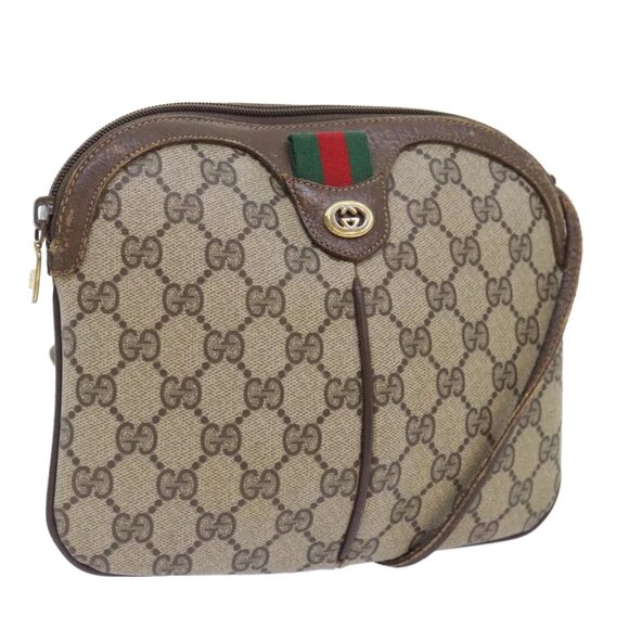 GUCCI GG Canvas Web Sherry Line Shoulder Bag PVC Leather Beige Green Auth 92419 - Picture 1 of 16